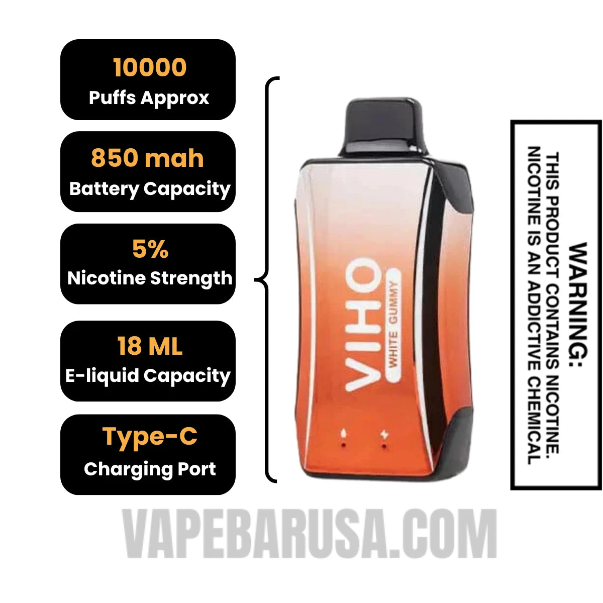 White Gummy VIHO Turbo Vape 10000 Puffs Specifications