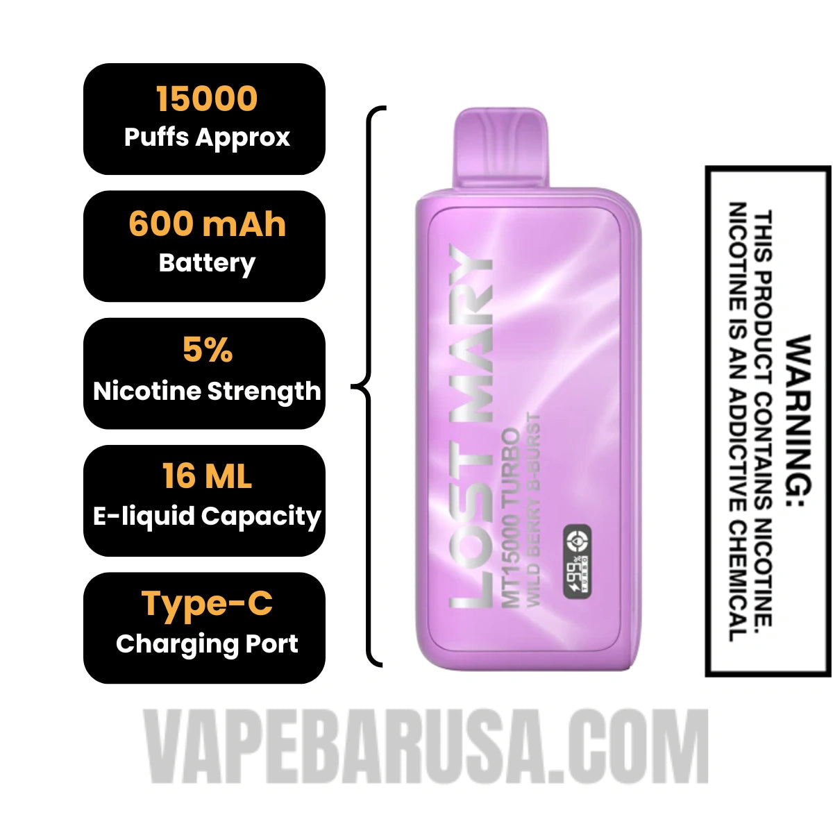 Wild Berry B-Burst Lost Mary MT15000 Turbo Disposable Vape Specifications