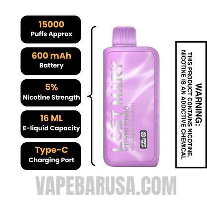 Wild Berry B-Burst Lost Mary MT15000 Turbo Disposable Vape Specifications
