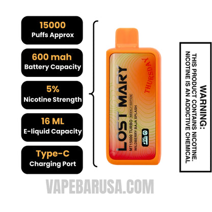 Wildberry Baja Splash Lost Mary MT15000 Turbo Vape (Thursday) Specifications