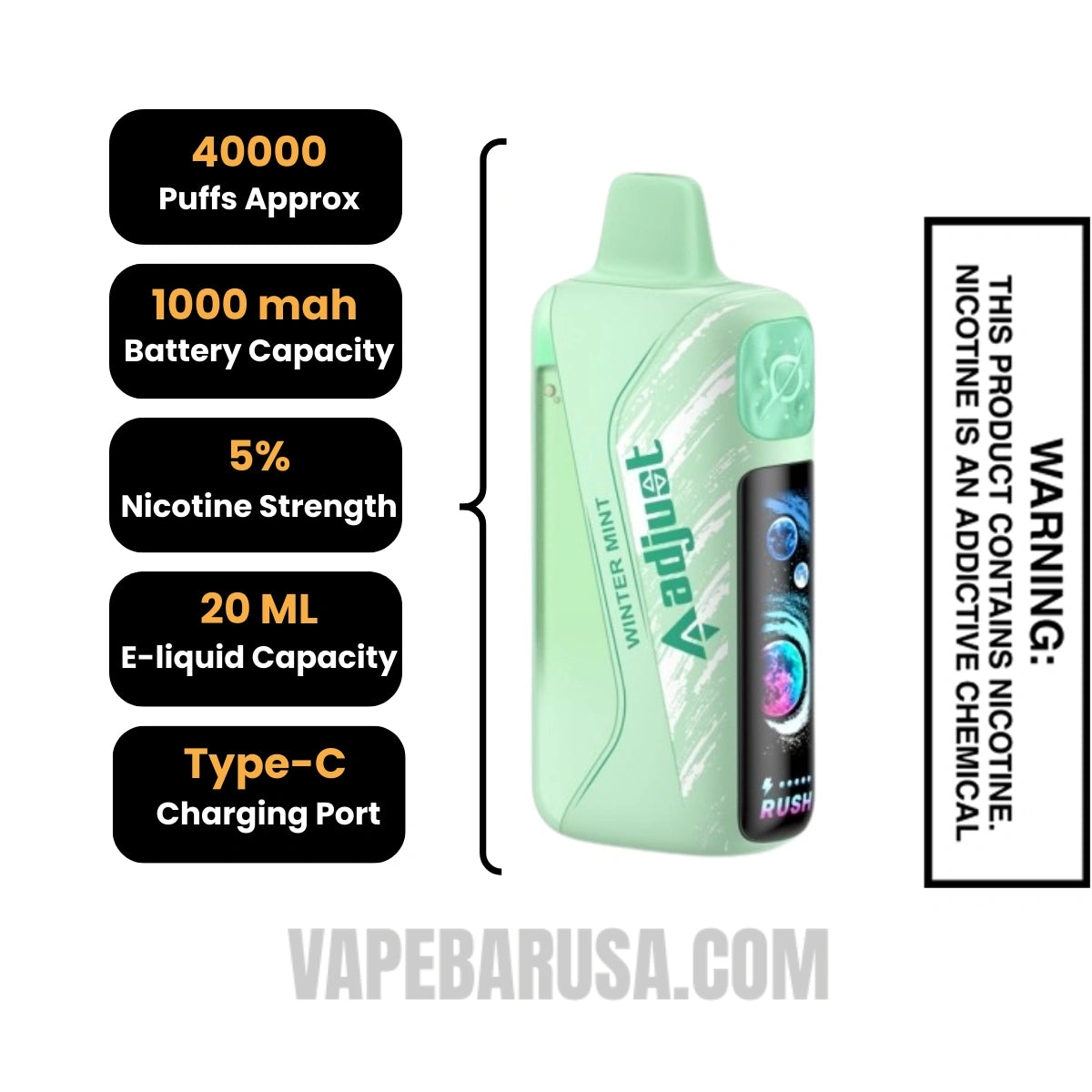 Winter Mint Adjust MyRusher 40K Disposable Vape Specifications
