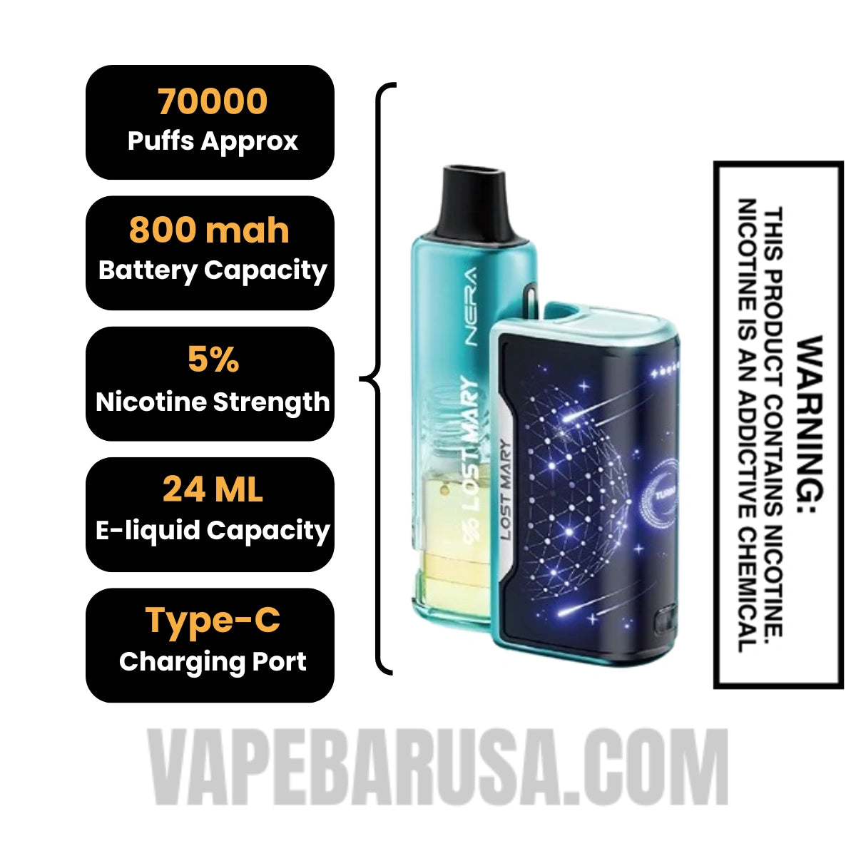  Miami Mint & Winter Mint Lost Mary Nera Fullview 70K Disposable Vape Kit Specifications