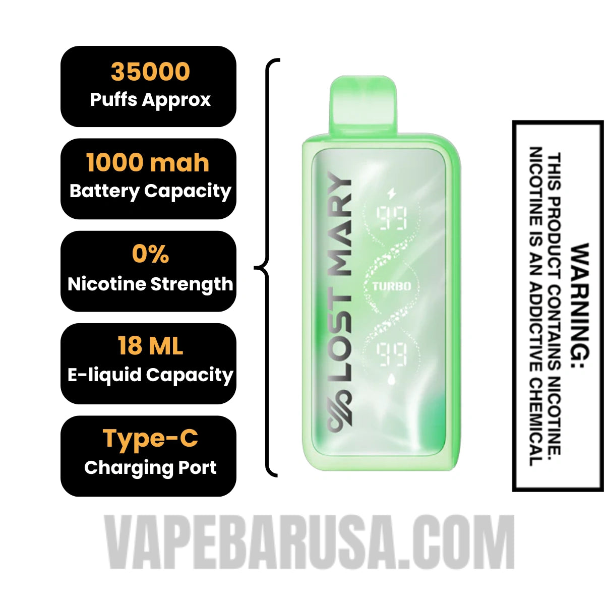 Winter Mint Lost Mary MT35000 Disposable Vape - 0% Nic Specifications