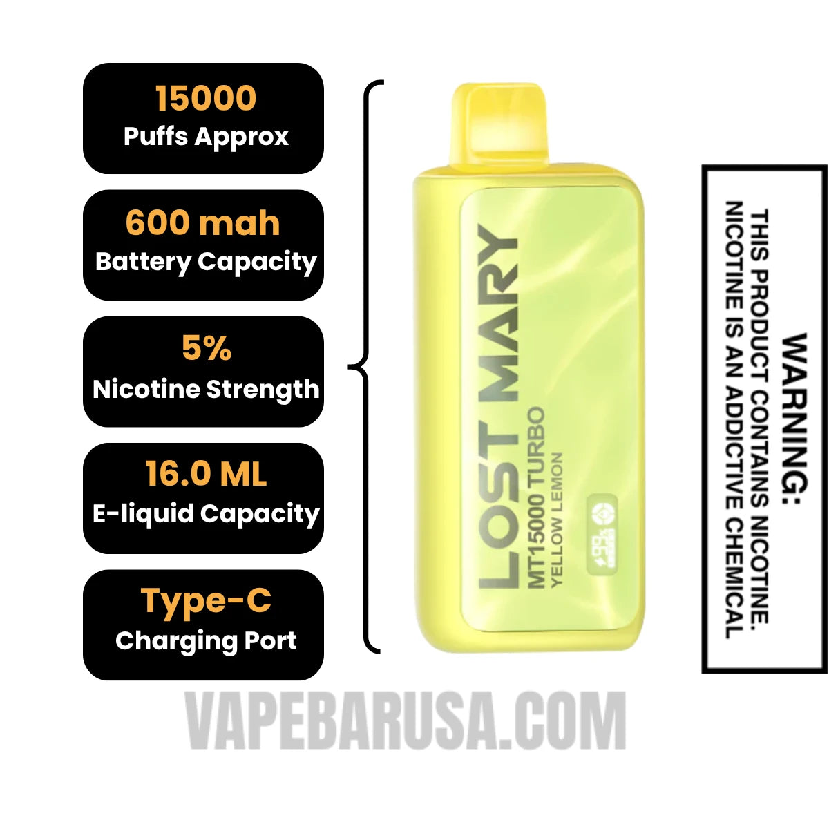 Yellow Lemon Lost Mary MT15000 Turbo Vape Specifications