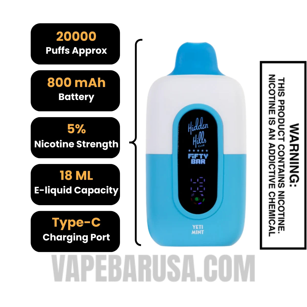 Yeti Mint Hidden Hills X Fifty Bar 20K Vape Specifications